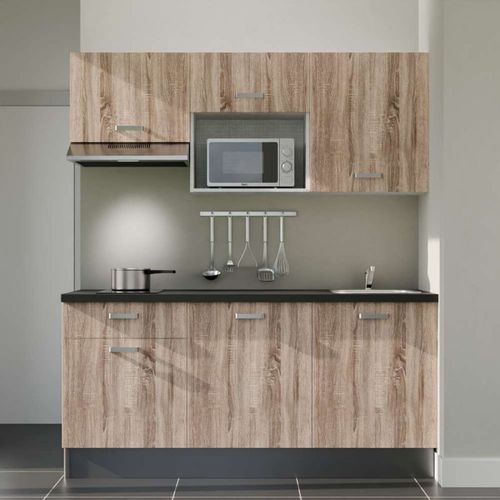 Kitchenette K30l-pt - 180 Cm-façade Bois-plan Noir Texturé-evier Inox-crédences Non+electro Inox