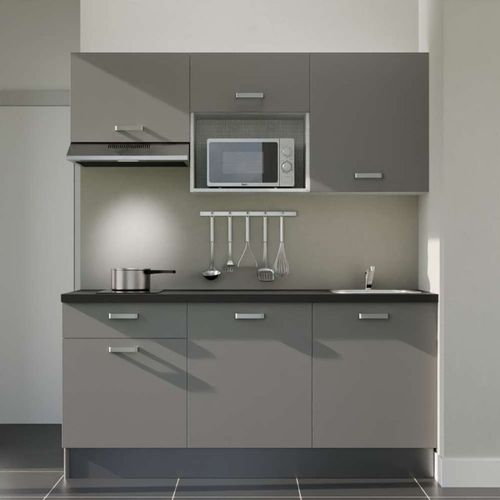Kitchenette K30l-pt - 180 Cm-façade Gris-plan Noir Texturé-evier Inox-crédences Non+electro Inox