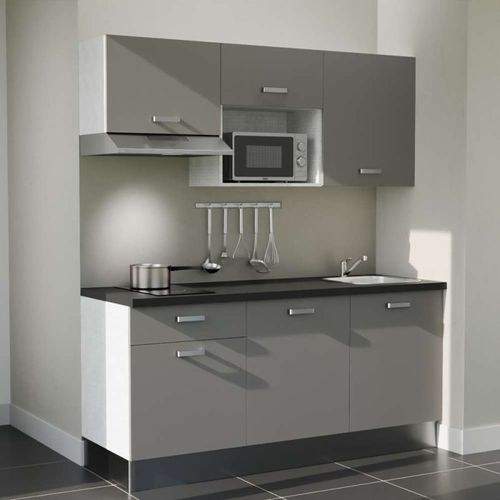 Kitchenette K30l-pt - 180 Cm-façade Gris-plan Noir Texturé-evier Inox-crédences Non+electro Inox