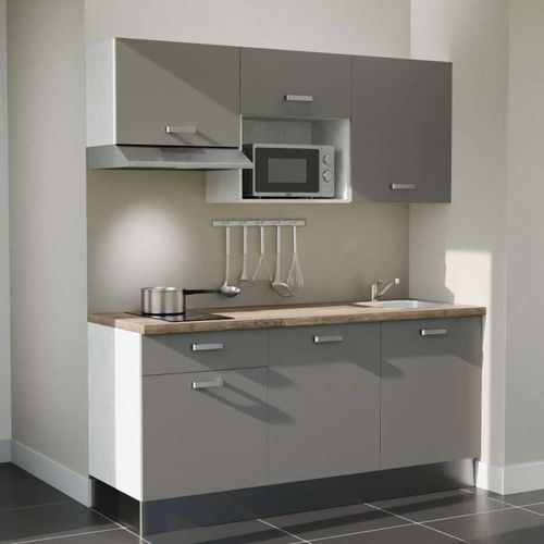 Kitchenette K30l-pt - 180 Cm-façade Gris-plan Bois-evier Inox-crédences Non+electro Inox