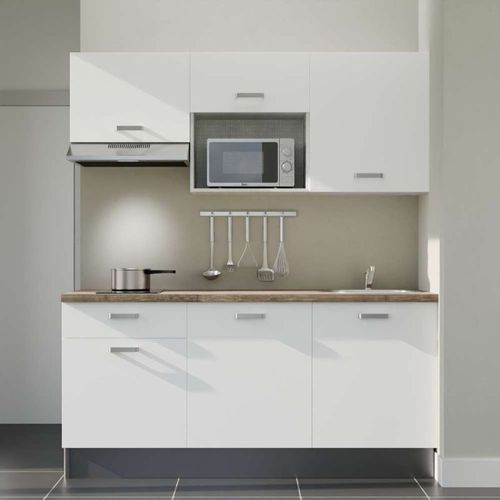 Kitchenette K30l-pt - 180 Cm-façade Blanc-plan Bois-evier Inox-crédences Non+electro Inox