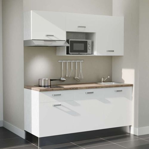 Kitchenette K30l-pt - 180 Cm-façade Blanc-plan Bois-evier Inox-crédences Non+electro Inox