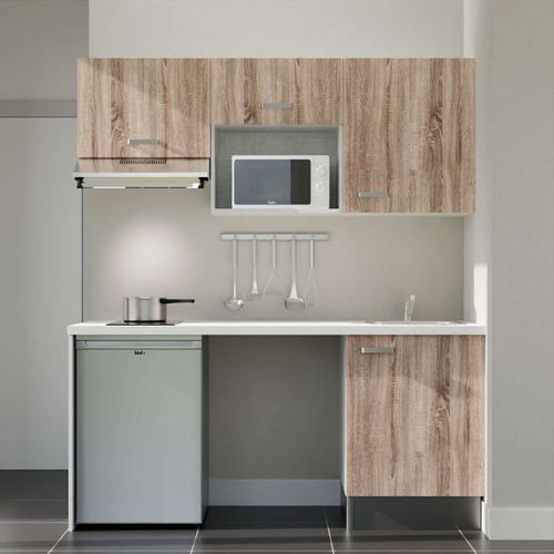 Kitchenette K55l-pt - 180 Cm-façade Bois-plan Blanc-evier Inox-crédences Non+electro Inox