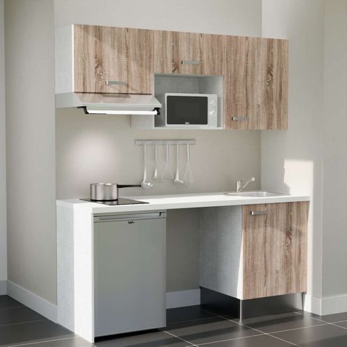 Kitchenette K55l-pt - 180 Cm-façade Bois-plan Blanc-evier Inox-crédences Non+electro Inox