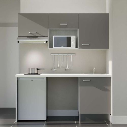 Kitchenette K55l-pt - 180 Cm-façade Gris-plan Blanc-evier Inox-crédences Non+electro Inox