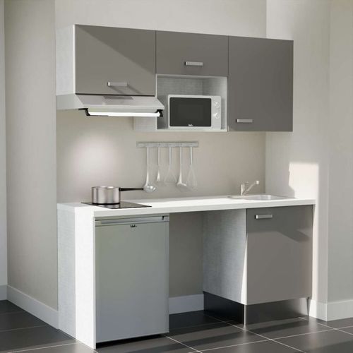 Kitchenette K55l-pt - 180 Cm-façade Gris-plan Blanc-evier Inox-crédences Non+electro Inox