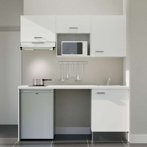 Kitchenette K55l-pt - 180 Cm-façade Blanc-plan Blanc-evier Inox-crédences Non+electro Inox