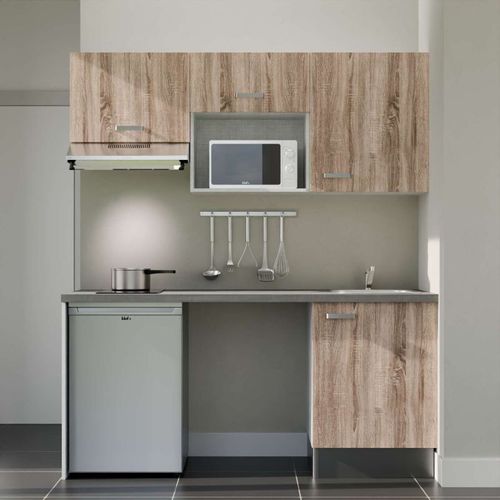 Kitchenette K55l-pt - 180 Cm-façade Bois-plan Gris Béton-evier Inox-crédences Non+electro Inox