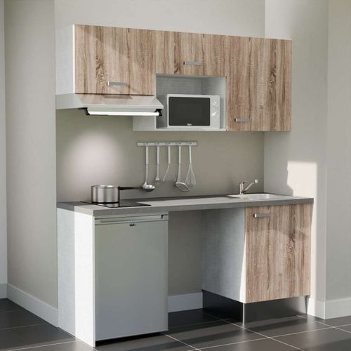 Kitchenette K55l-pt - 180 Cm-façade Bois-plan Gris Béton-evier Inox-crédences Non+electro Inox