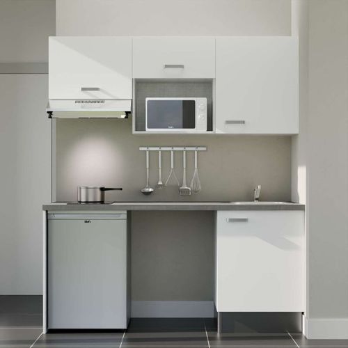 Kitchenette K55l-pt - 180 Cm-façade Blanc-plan Gris Béton-evier Inox-crédences Non+electro Inox