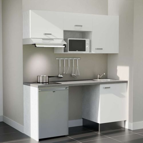 Kitchenette K55l-pt - 180 Cm-façade Blanc-plan Gris Béton-evier Inox-crédences Non+electro Inox