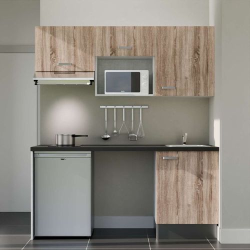Kitchenette K55l-pt - 180 Cm-façade Bois-plan Noir Texturé-evier Inox-crédences Non+electro Inox