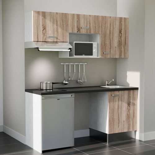 Kitchenette K55l-pt - 180 Cm-façade Bois-plan Noir Texturé-evier Inox-crédences Non+electro Inox