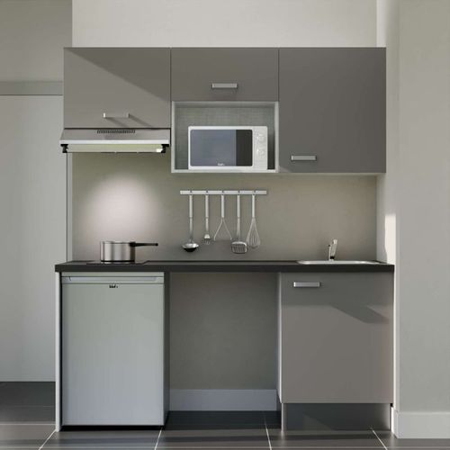 Kitchenette K55l-pt - 180 Cm-façade Gris-plan Noir Texturé-evier Inox-crédences Non+electro Inox