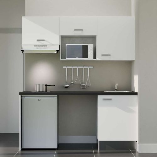 Kitchenette K55l-pt - 180 Cm-façade Blanc-plan Noir Texturé-evier Inox-crédences Non+electro Inox