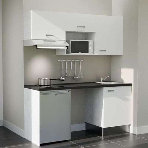 Kitchenette K55l-pt - 180 Cm-façade Blanc-plan Noir Texturé-evier Inox-crédences Non+electro Inox