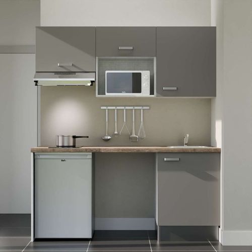 Kitchenette K55l-pt - 180 Cm-façade Gris-plan Bois-evier Inox-crédences Non+electro Inox