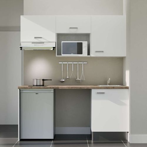 Kitchenette K55l-pt - 180 Cm-façade Blanc-plan Bois-evier Inox-crédences Non+electro Inox