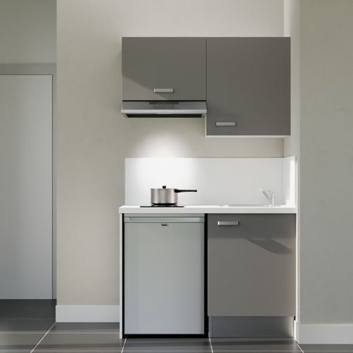 Kitchenette K01l-pt - 120 Cm-façade Gris-plan Blanc-evier Inox-crédences Oui+electro Inox