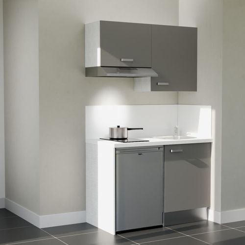 Kitchenette K01l-pt - 120 Cm-façade Gris-plan Blanc-evier Inox-crédences Oui+electro Inox