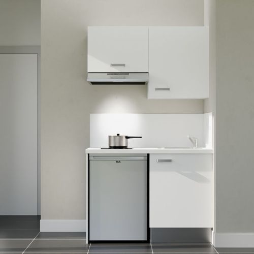 Kitchenette K01l-pt - 120 Cm-façade Blanc-plan Blanc-evier Inox-crédences Oui+electro Inox
