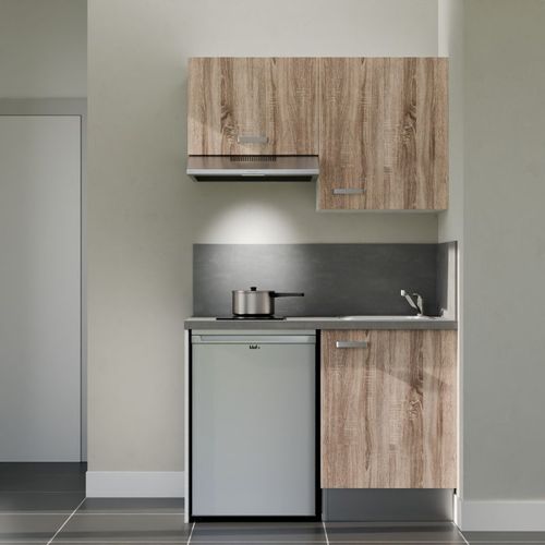 Kitchenette K01l-pt - 120 Cm-façade Bois-plan Gris Béton-evier Inox-crédences Oui+electro Inox