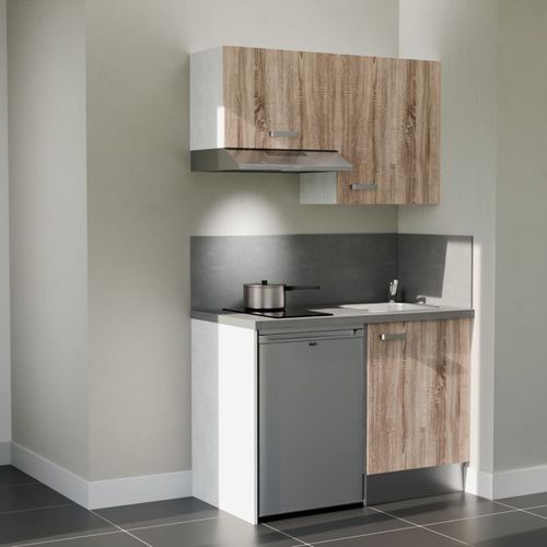 Kitchenette K01l-pt - 120 Cm-façade Bois-plan Gris Béton-evier Inox-crédences Oui+electro Inox