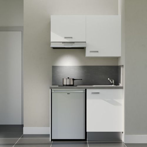 Kitchenette K01l-pt - 120 Cm-façade Blanc-plan Gris Béton-evier Inox-crédences Oui+electro Inox