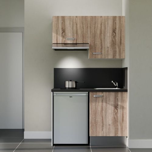 Kitchenette K01l-pt - 120 Cm-façade Bois-plan Noir Texturé-evier Inox-crédences Oui+electro Inox