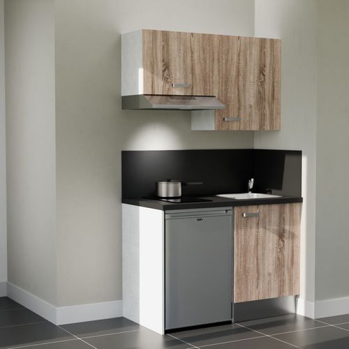 Kitchenette K01l-pt - 120 Cm-façade Bois-plan Noir Texturé-evier Inox-crédences Oui+electro Inox