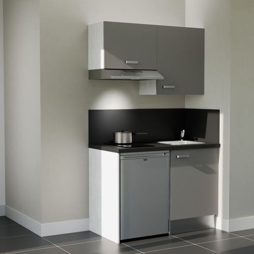 Kitchenette K01l-pt - 120 Cm-façade Gris-plan Noir Texturé-evier Inox-crédences Oui+electro Inox