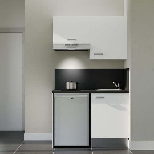 Kitchenette K01l-pt - 120 Cm-façade Blanc-plan Noir Texturé-evier Inox-crédences Oui+electro Inox