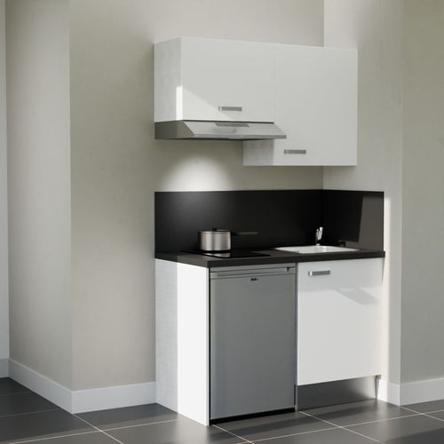 Kitchenette K01l-pt - 120 Cm-façade Blanc-plan Noir Texturé-evier Inox-crédences Oui+electro Inox
