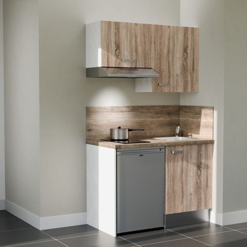 Kitchenette K01l-pt - 120 Cm-façade Bois-plan Bois-evier Inox-crédences Oui+electro Inox