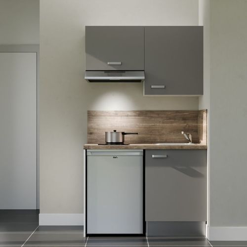 Kitchenette K01l-pt - 120 Cm-façade Gris-plan Bois-evier Inox-crédences Oui+electro Inox