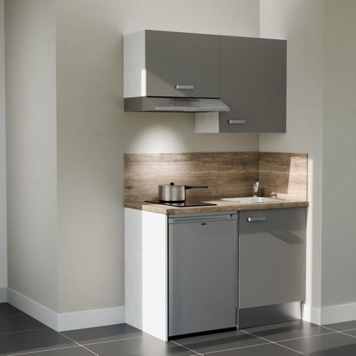Kitchenette K01l-pt - 120 Cm-façade Gris-plan Bois-evier Inox-crédences Oui+electro Inox