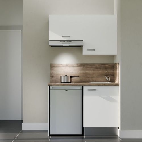 Kitchenette K01l-pt - 120 Cm-façade Blanc-plan Bois-evier Inox-crédences Oui+electro Inox