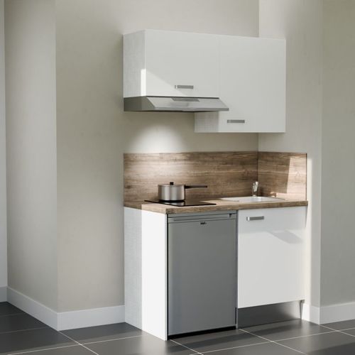 Kitchenette K01l-pt - 120 Cm-façade Blanc-plan Bois-evier Inox-crédences Oui+electro Inox