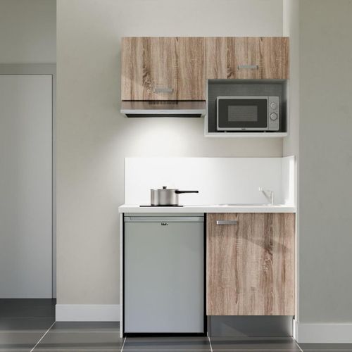 Kitchenette K02l-pt - 120 Cm-façade Bois-plan Blanc-evier Inox-crédences Oui+electro Inox
