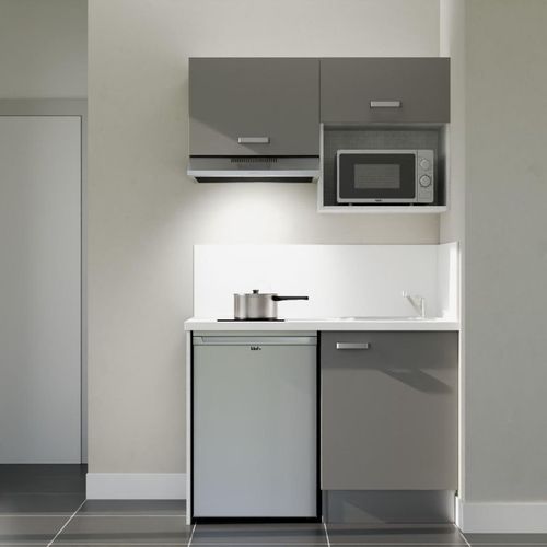 Kitchenette K02l-pt - 120 Cm-façade Gris-plan Blanc-evier Inox-crédences Oui+electro Inox