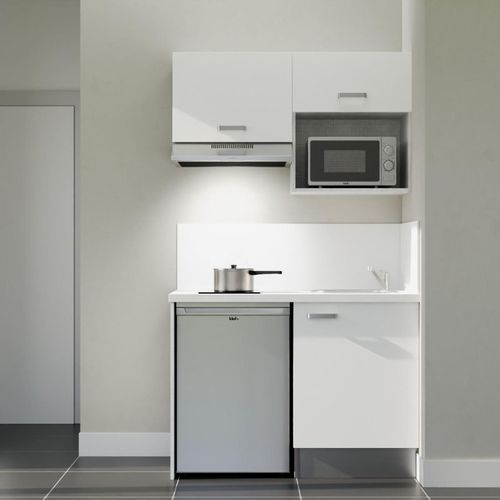 Kitchenette K02l-pt - 120 Cm-façade Blanc-plan Blanc-evier Inox-crédences Oui+electro Inox