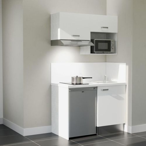 Kitchenette K02l-pt - 120 Cm-façade Blanc-plan Blanc-evier Inox-crédences Oui+electro Inox