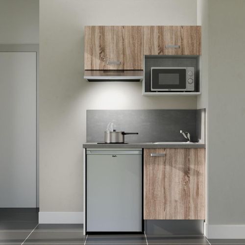 Kitchenette K02l-pt - 120 Cm-façade Bois-plan Gris Béton-evier Inox-crédences Oui+electro Inox
