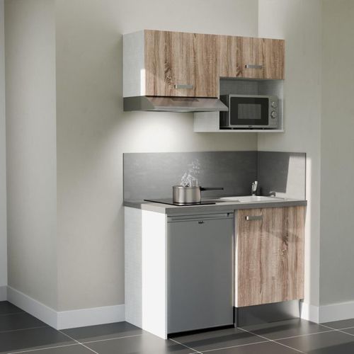 Kitchenette K02l-pt - 120 Cm-façade Bois-plan Gris Béton-evier Inox-crédences Oui+electro Inox