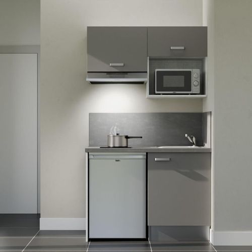 Kitchenette K02l-pt - 120 Cm-façade Gris-plan Gris Béton-evier Inox-crédences Oui+electro Inox