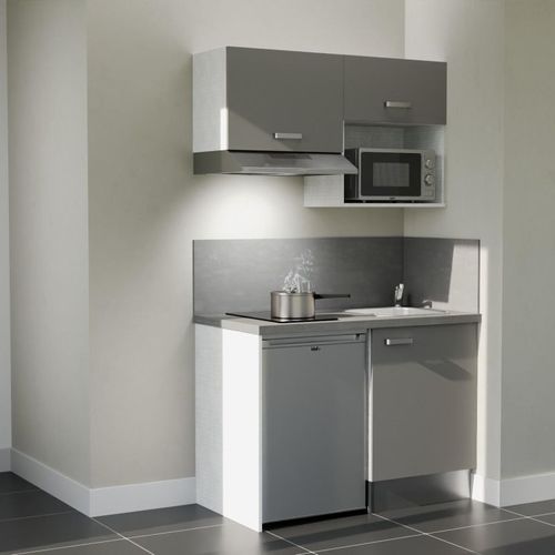 Kitchenette K02l-pt - 120 Cm-façade Gris-plan Gris Béton-evier Inox-crédences Oui+electro Inox