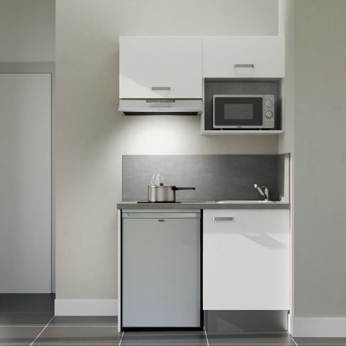 Kitchenette K02l-pt - 120 Cm-façade Blanc-plan Gris Béton-evier Inox-crédences Oui+electro Inox