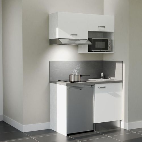 Kitchenette K02l-pt - 120 Cm-façade Blanc-plan Gris Béton-evier Inox-crédences Oui+electro Inox