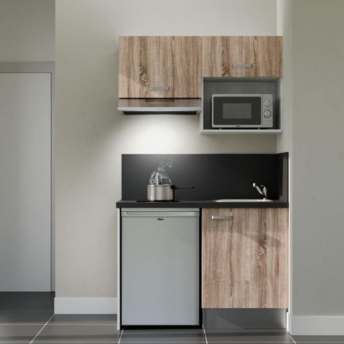 Kitchenette K02l-pt - 120 Cm-façade Bois-plan Noir Texturé-evier Inox-crédences Oui+electro Inox