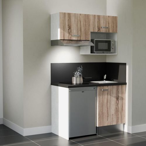Kitchenette K02l-pt - 120 Cm-façade Bois-plan Noir Texturé-evier Inox-crédences Oui+electro Inox